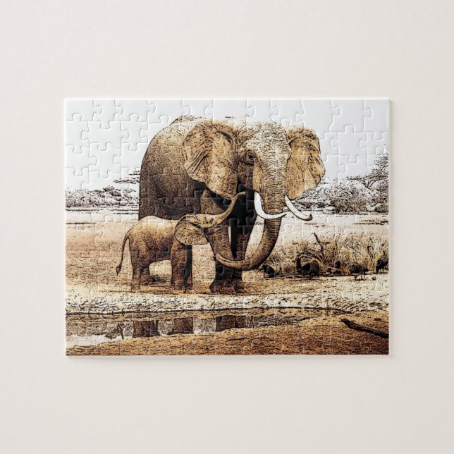 Puzzle Elephant Family Ilustracion Animal Art (Horizontal)