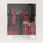 Puzzle Elevaciones de Nueva York por noche - Rojo<br><div class="desc">"New York Elevations by Night Red" de Fab Funky. Presenta famosos monumentos de la ciudad de Nueva York por la noche en un esquema de color rojo y gris.</div>