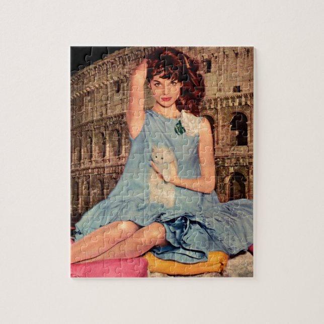 Puzzle Elsa Martinelli y gatito blanco (Vertical)