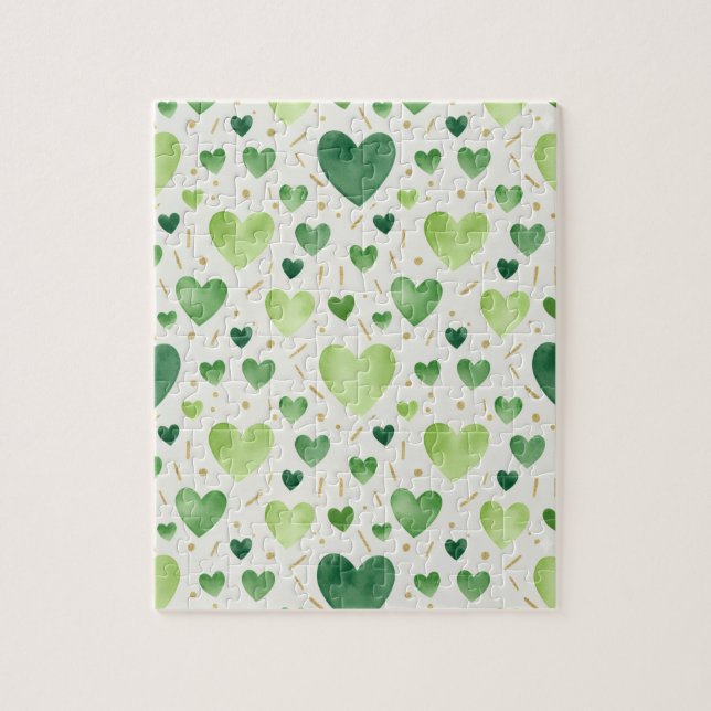 Puzzle Emerald Sparkle | Green & Gold Watercolor Hearts (Vertical)