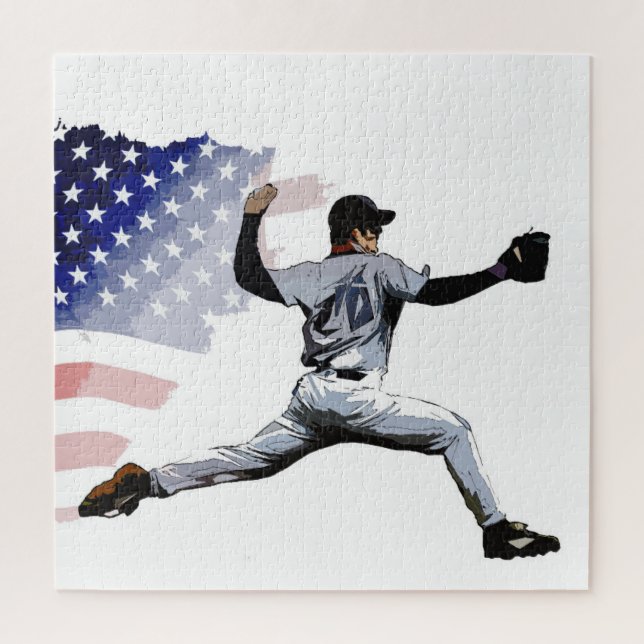 Puzzle En la libra - lanzador de béisbol y bandera de los (Vertical)