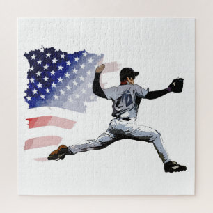 Puzzle En La Lomita - Lanzador de béisbol y bandera de EE