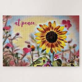 Puzzle en paz Bonito girasol amarillo y flores rosas