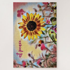 Puzzle en paz Bonito girasol amarillo y flores rosas