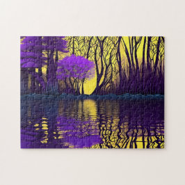 Puzzle Encantador bosque púrpura junto al lago