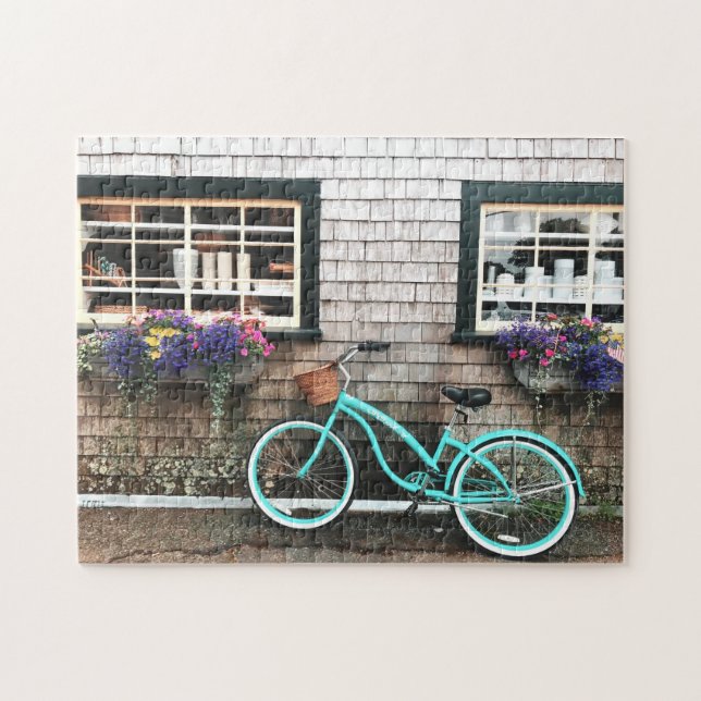 Puzzle Encantador Quaint Cape Cod Blue Bicycle Flowers Mo (Horizontal)