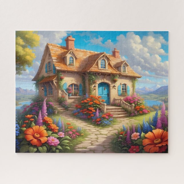 Puzzle Encantadora cabaña con jardín de flores de puerta  (Horizontal)