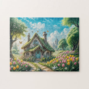 Puzzle Encantadora cabaña con jardín de tulipanes
