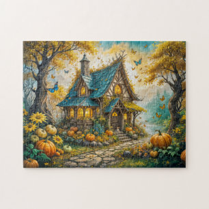 Puzzle Encantadora Cabaña de Otoño con Calabazas