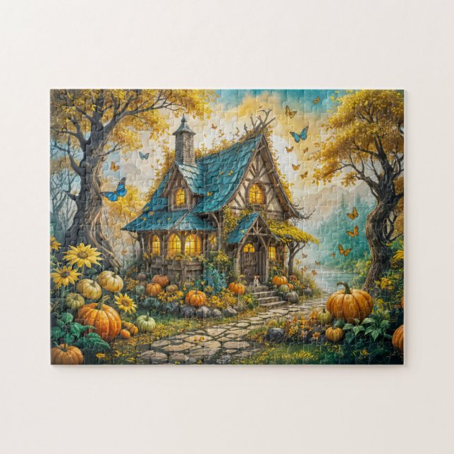 Puzzle Encantadora Cabaña de Otoño con Calabazas (Horizontal)
