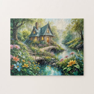 Puzzle Encantadora Cabaña junto a un Arroyo Sereno