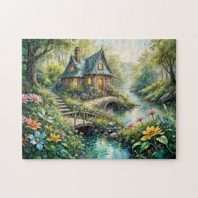 Puzzle Encantadora Cabaña junto a un Arroyo Sereno (Horizontal)