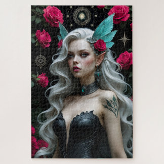Puzzle Encantando a Elf Maiden con alas y Rosas Verde azu