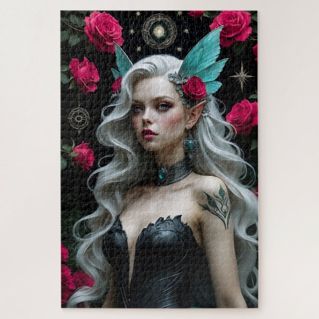 Puzzle Encantando a Elf Maiden con alas y Rosas Verde azu (Vertical)
