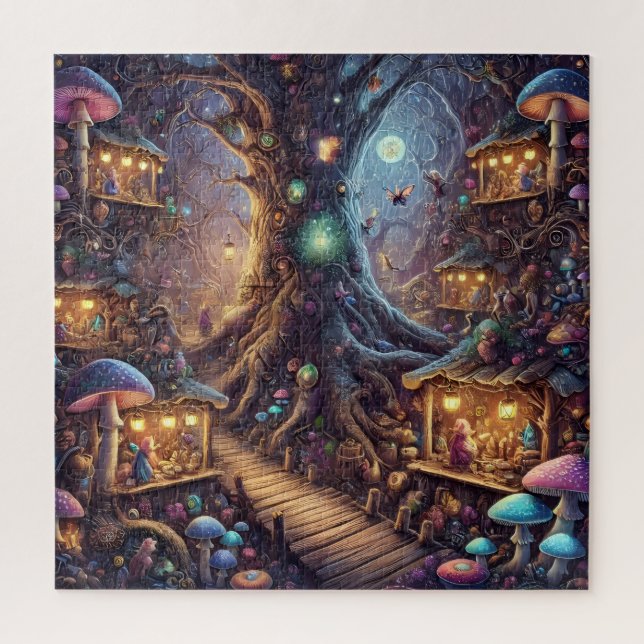 Puzzle Enchanted Fairy Tree Village Whimsical Fantasy (Vertical)