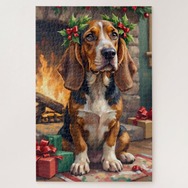Puzzle Endearing Basset Hound Dog with Christmas Wreath (Vertical)