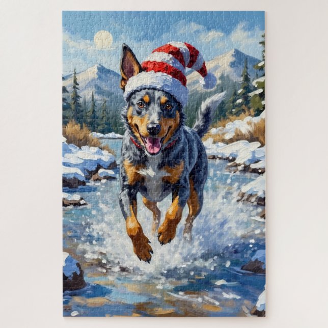 Puzzle Energetic Blue Heeler Dog Winter Creek Christmas (Vertical)