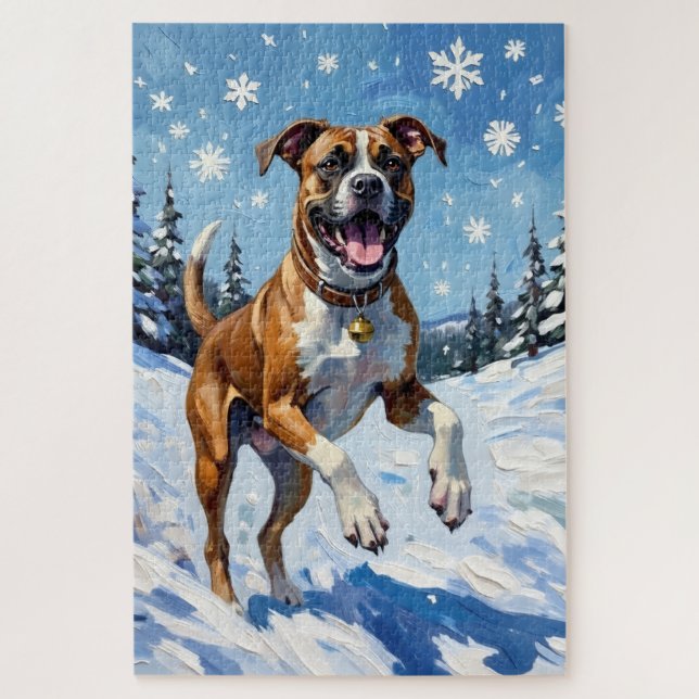 Puzzle Energetic Boxer Dog Leaping in Winter Snow Fun (Vertical)