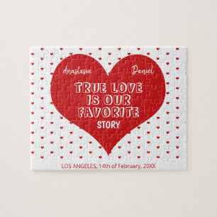 Puzzle Engagement couples names and year red heart