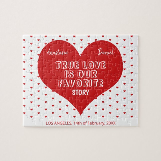 Puzzle Engagement couples names and year red heart (Horizontal)
