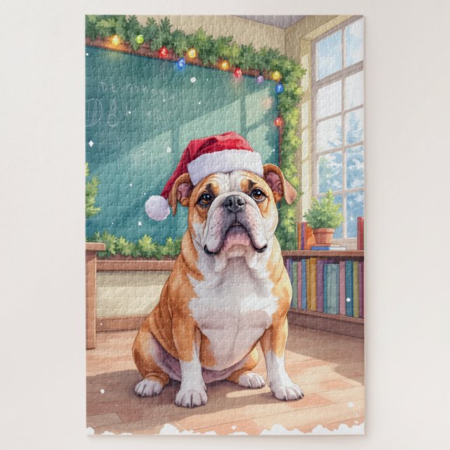 Puzzle English Bulldog Teacher Classroom Santa Hat (Vertical)