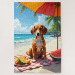 Puzzle English Foxhound Beach Relax Scene<br><div class="desc">A calm English Foxhound enjoying a sunny beach moment under a colorful umbrella with fresh fruits and ocean views. The painterly style creates a warm and cheerful coastal atmosphere.</div>