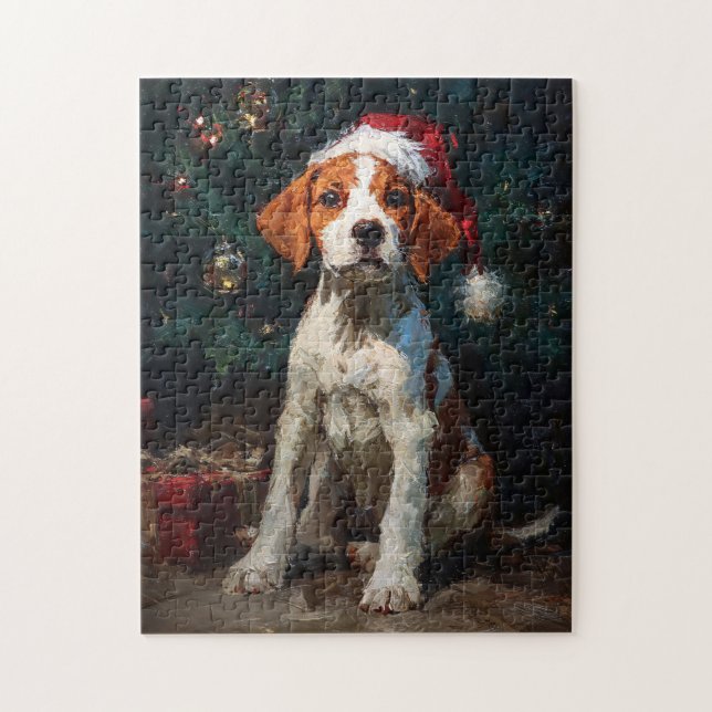 Puzzle English Foxhound Puppy Christmas Painting (Vertical)