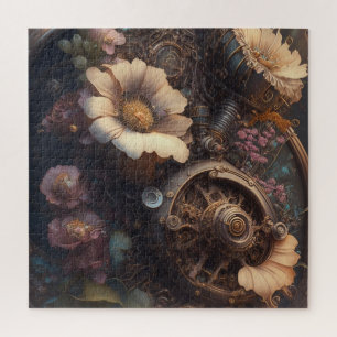 Puzzle Engranajes Steampunk y flores blancas