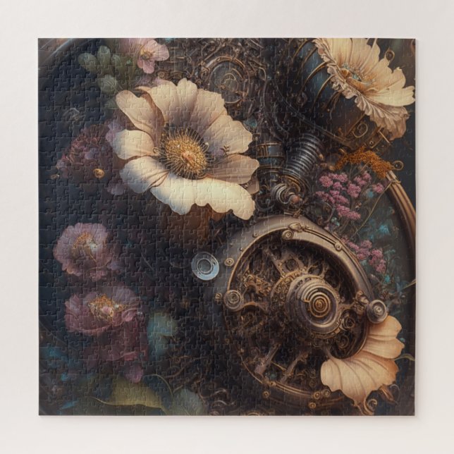 Puzzle Engranajes Steampunk y flores blancas  (Vertical)