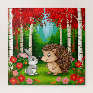 Puzzle Erizo lindo y conejo en un bosque brillante