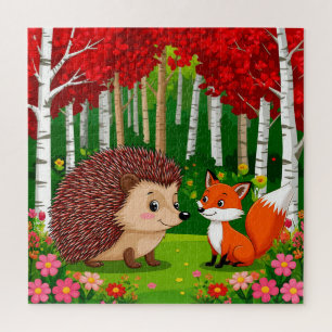 Puzzle Erizo lindo y zorro en un bosque brillante