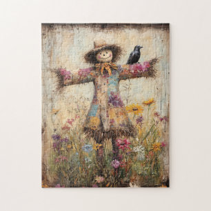 Puzzle Escarecrow colorido de arte popular con flores sil