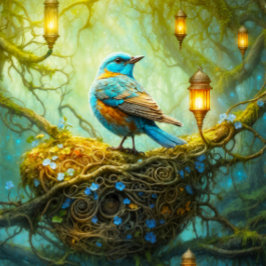 Puzzle Escena boscosa encantada con pájaros y linternas