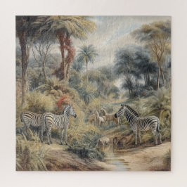 Puzzle Escena botánica de cebras y leones en un oasis