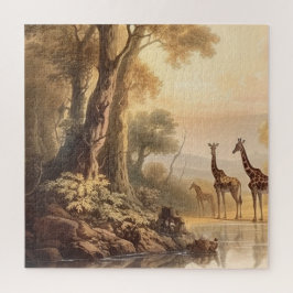 Puzzle Escena botánica vintage de jirafas a orillas del r