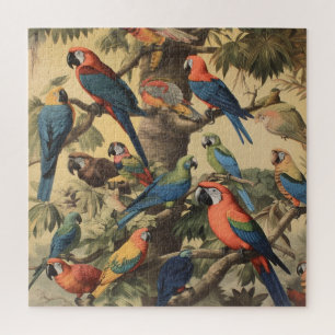 Puzzle Escena botánica vintage loros coloridos en un árbo