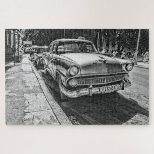 Puzzle Escena callejera vintage de taxi en blanco y negro