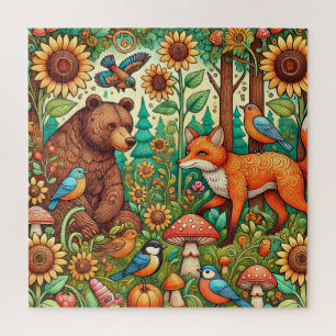 Puzzle Escena caprichosa del bosque con animales lindos