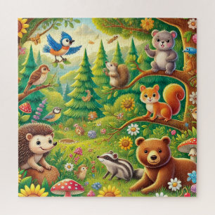 Puzzle Escena caprichosa del bosque con animales lindos