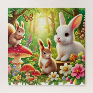 Puzzle Escena caprichosa del bosque con conejos, ardillas