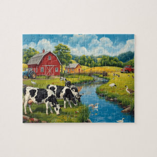 Puzzle Escena Clásica de Granja Vacas Granero Rojo