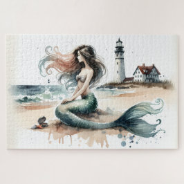 Puzzle Escena costera de acuarela del faro de la sirena