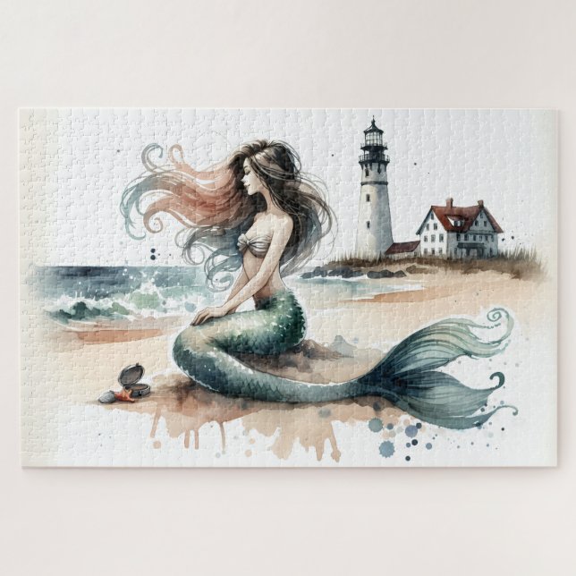 Puzzle Escena costera de acuarela del faro de la sirena (Horizontal)