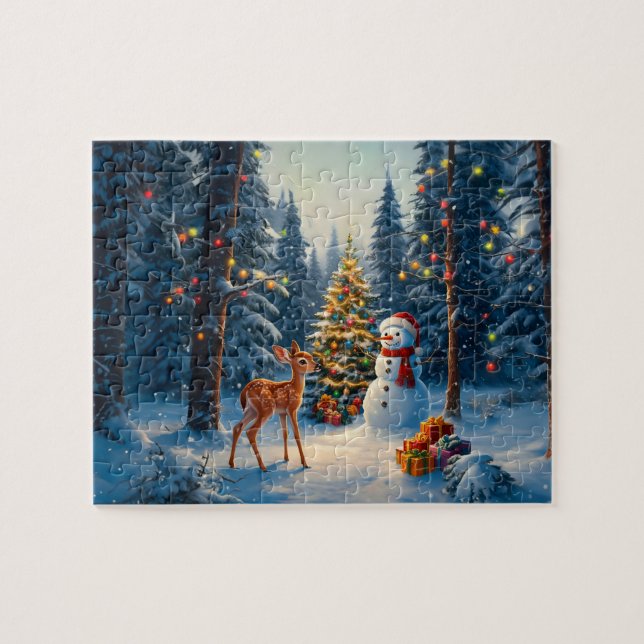 Puzzle Escena De Árbol De Navidad Cute Deer Fawn Snowman (Horizontal)