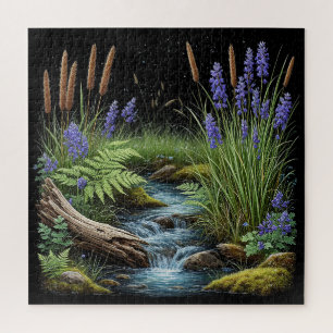 Puzzle Escena de arroyo tranquilo en el bosque con lavand
