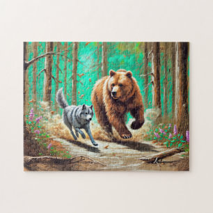 Puzzle Escena de bosque de tiza pastel de lobo y oso en p