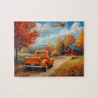Puzzle Escena de cabaña de biplano de camión de otoño