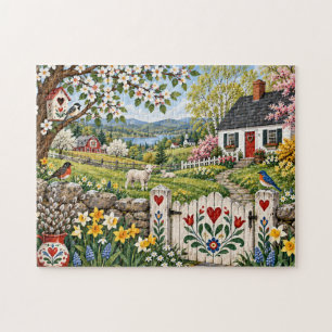 Puzzle Escena de cabaña de campo primaveral de arte popul