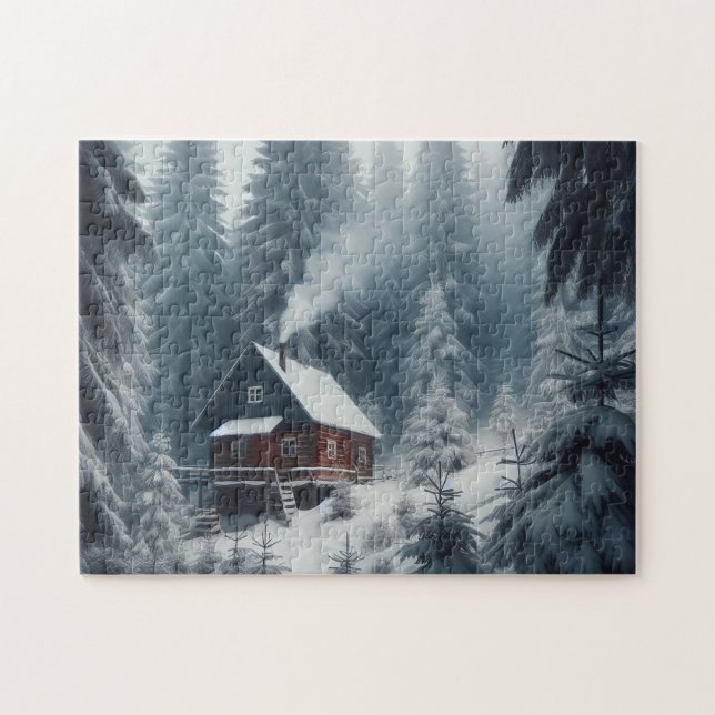 Puzzle Escena de cabaña de invierno con nieve y pinos (Horizontal)