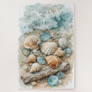 Puzzle Escena de conchas de mar costeras en acuarela de m